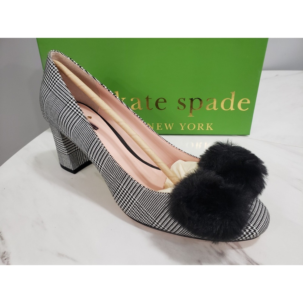 NEW SZ 8 Kate Spade Prince Wales Carine Pumps Block Heel Houndstooth Black White